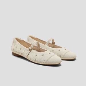 Vivaia Cream Ballet Almond Toe Mary Jane Flats with Pearls and Strap 6.5